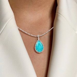 Gorgeous Halo Pear Cut Lake Blue Sapphire Pendant Necklace